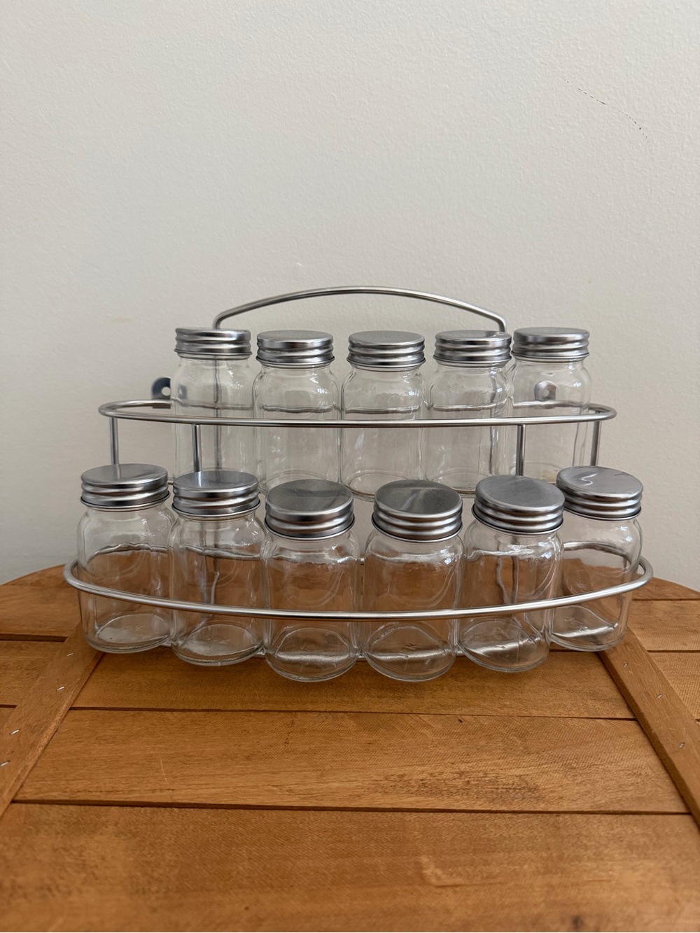 Hanging Clear Glass Spice Jar Set with Silver Lids and Silver Two-Tier Caddy